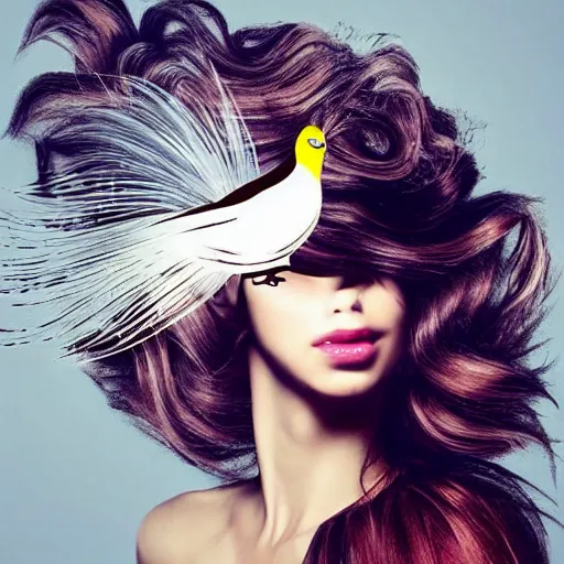 Prompt: hair styled to look like a coocoo clock with the bird popping out, real life, photograph, salon magazine cover, high end fashion, crazy hair, creative, odd