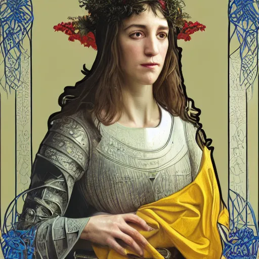 Image similar to portrait of charlotte gainsbourg as joan of arc, hyperreal digital painting, iconography influenced by alphonse mucha and eugene delacroix, arstation and deviantart trends, high resolution 8 k