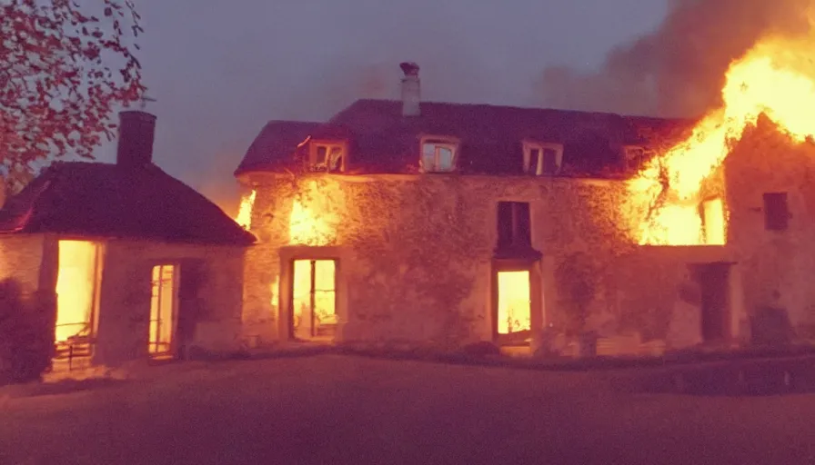 Prompt: mini dv camera found footage of a heavy burning french style little house by night in autumn, in a small northern french village, by sony mini dv camera, heavy grain, low quality, high detail, dramatic light, anamorphic, flares