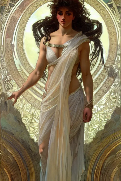 Image similar to painted portrait of artemis fully armored, greek god, feminine, powerful, beautiful, upper body, white robe, muscular, fantasy, intricate, elegant, highly detailed, digital painting, artstation, concept art, smooth, sharp focus, illustration, art by gaston bussiere and alphonse mucha