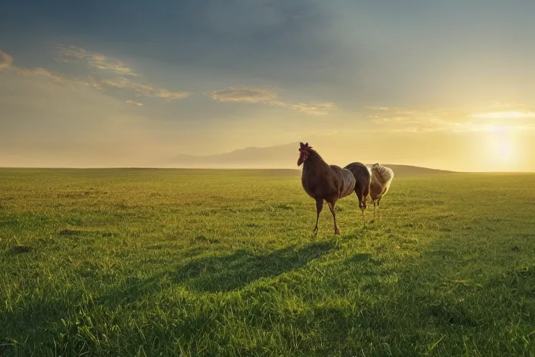 Image similar to a beautiful photograph of a chicken riding a horse through a vast serene landscape, rivers and fields run through the landscape and the sun rises over the hilltops