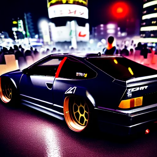 Image similar to a car 300ZX twin turbo drift at illegal car meet, Shibuya prefecture, city midnight mist lights, cinematic lighting, photorealistic, highly detailed wheels, high detail