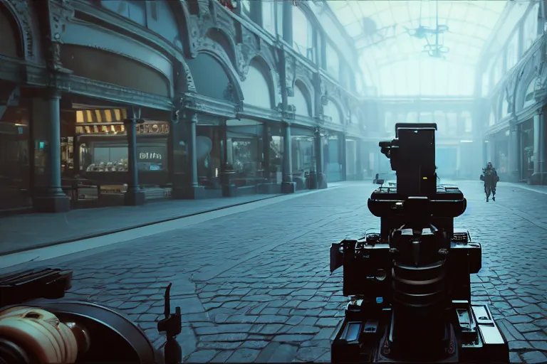 Image similar to first person point of view of a gunner on a victorian shopping mall, cinematic lightning, ray tracing, unreal engine 5, photorealistic, 8 k, uhd, 4 k, battlefield 6 game concept, extremely detailed, beautiful, elegant, intricate, foggy, in - game footage