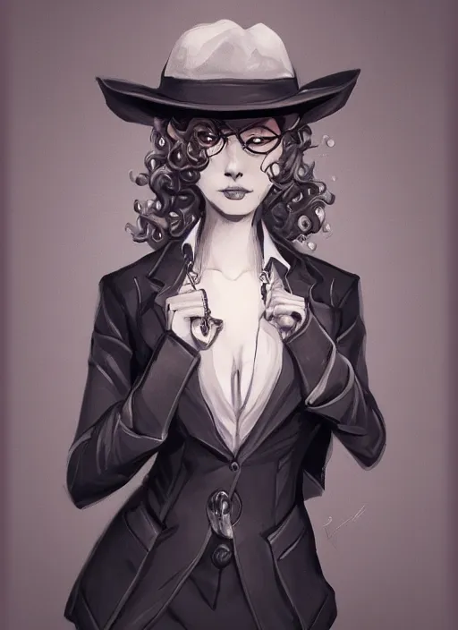 Image similar to a highly detailed illustration of curly short haired girl wearing noir hat and suit and tie, dramatic smiling pose, intricate, elegant, highly detailed, centered, digital painting, artstation, concept art, smooth, sharp focus, league of legends concept art, WLOP