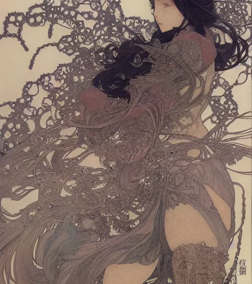 Image similar to yoshitaka amano anime painting, intricate line drawings, pen and ink, alphonse mucha, claire wendling, kentaro miura, ruan jia