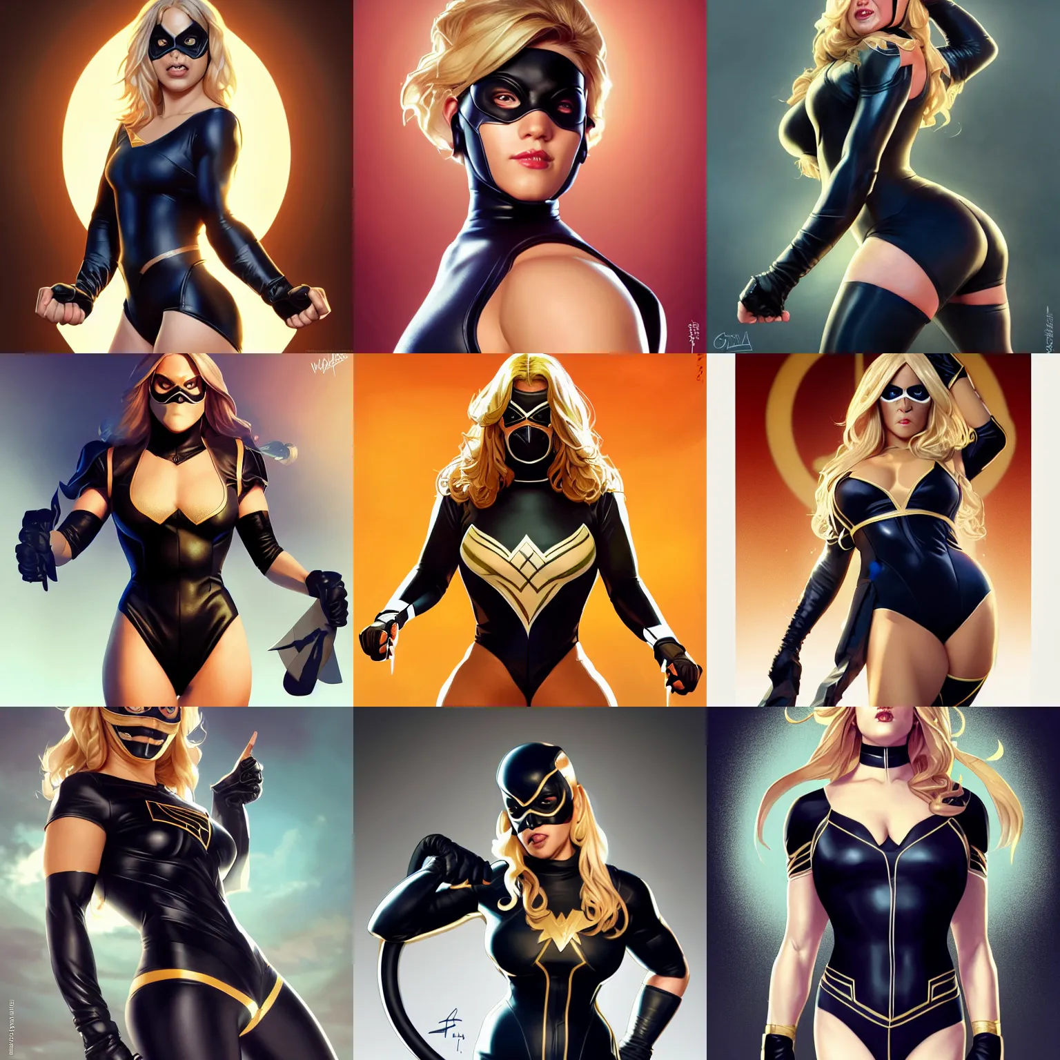 Prompt: character concept portrait, symmetrical, black canary, mask, her arms tucked behind her back, navy leotard costume, bust, curvaceous, medium shot. detailed, high quality, dynamic lighting, fantasy, shiny. artwork by artgerm, wlop, alex ross, greg rutkowski, alphonse mucha