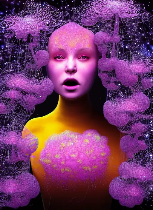 Image similar to hyper detailed 3d render like a Oil painting - Aurora (Singer) seen Eating of the Strangling network of yellowcake aerochrome and milky Fruit and Her delicate Hands hold of gossamer polyp blossoms bring iridescent fungal flowers whose spores black the foolish stars to her kawaii mouth by Jacek Yerka, Mariusz Lewandowski, Houdini algorithmic generative render, Abstract brush strokes, Masterpiece, Edward Hopper and James Gilleard, Zdzislaw Beksinski, Mark Ryden, Wolfgang Lettl, hints of Yayoi Kasuma, octane render, 8k