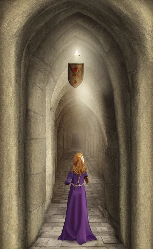 Prompt: medieval fantasy servant girl walking in castle hallway, about to enter doorframe, half turned around, full body, ultra realistic, digital art