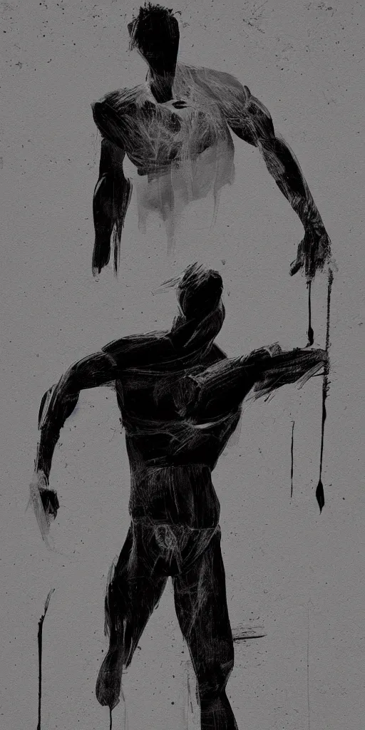 Image similar to thick long paint brush strokes, outline suggesting the physique of one!!! thin athletic man doing pullup, matte paint colors, minimal painting, negative space, long flowing brush strokes, very abstract trending on artstation