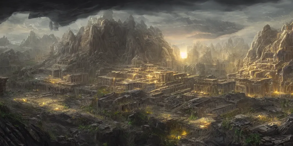 Prompt: highly detailed matte painting of an atlantis style sumerian city nestled in the crannies of an enormous underground cavern world, concept art, hd, featured on artstation