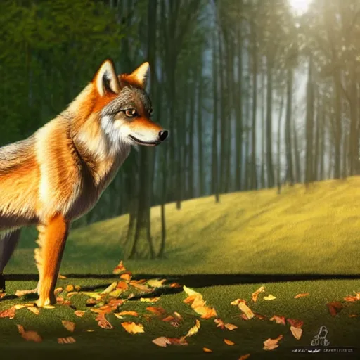 Image similar to professional stylized full - body digital art of a side profile of a tan tibetan wolf, cream and brown fur, fluffy, falling leaves, hd, 8 k, highly detailed, high quality, cute