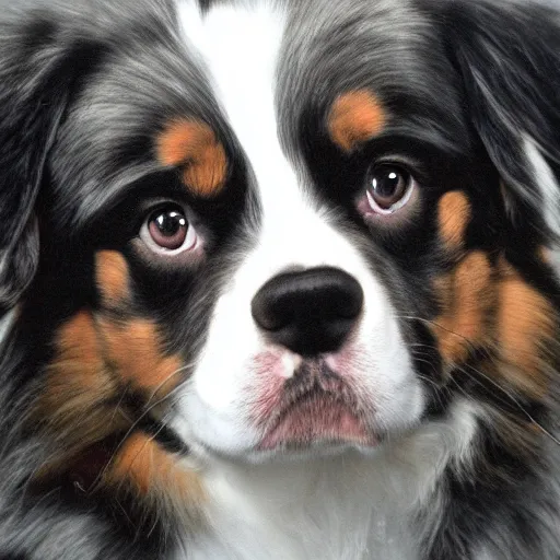 Prompt: australian shepherd on the album cover of a black metal band