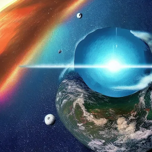 Prompt: Digital art of Earth being hit by an asteroid causing oceans to spray up