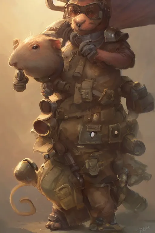 Image similar to cute little anthropomorphic Guinea Pig Tank driver standing next to its tank, tiny, small, short, Tank driver outfit, cute and adorable, pretty, beautiful, DnD character art portrait, matte fantasy painting, DeviantArt Artstation, by Jason Felix by Steve Argyle by Tyler Jacobson by Peter Mohrbacher, cinematic lighting