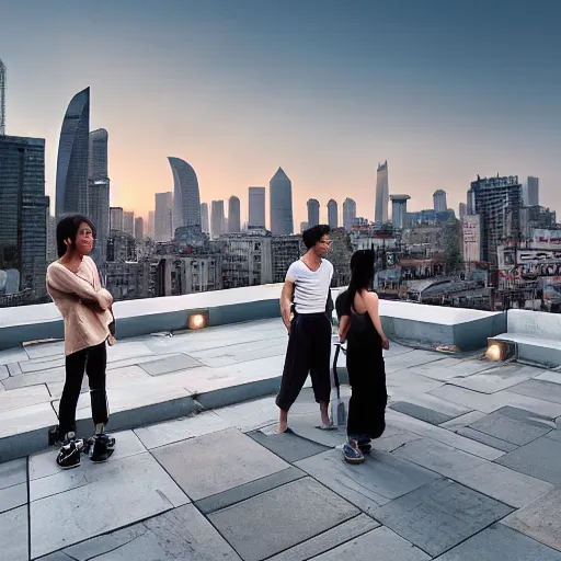 Prompt: a small rooftop with a couple of modern teenagers, standing and talking to each other, wearing black modern clothes, modern shanghai bund is on the background, sunset, by gregory crewdson, by asher brown durand, by thomas kinkad