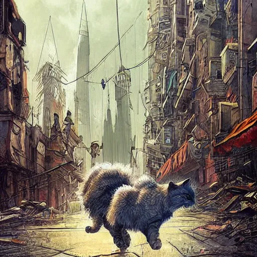 Prompt: gigantic cat walking on apocalyptic city, very detailed fine art, trend of artistation, style of jazinski and repin