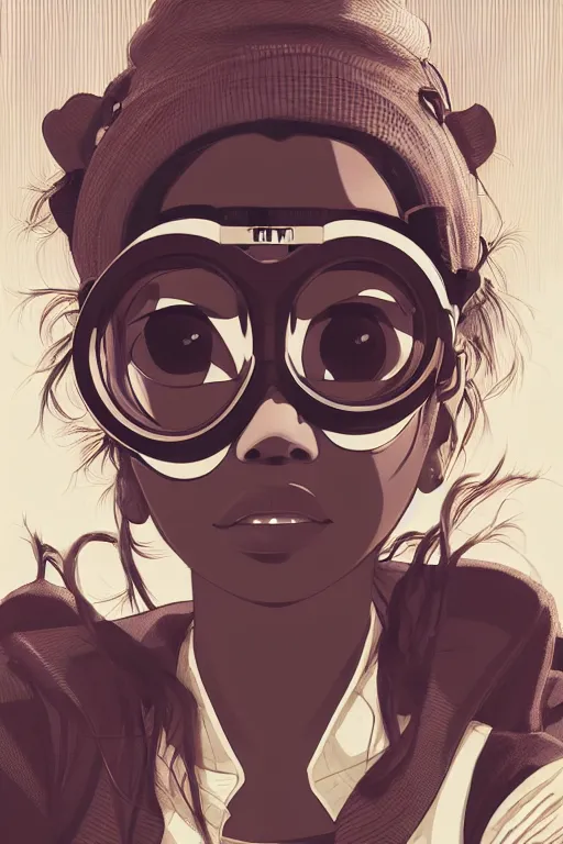 Image similar to face of a beautiful girl wearing goggles, brown skin, symmetrical, ilya kuvshinov, jamie hewlett, yoji shinkawa, muted colors, portrait, beautiful detailed illustration, 17th century oil painting, flat colors, studio ghibli, cel shading, loish, pop art,