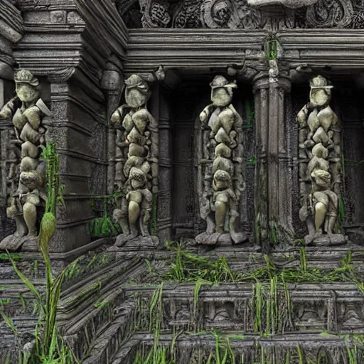 Image similar to Shrek statues in an ancient collapsing temple to Shrek discovered deep in the swamps, 4k render, octane, ancient ogre imagery, tribal war god, dark amazonian temple, onion statue, gargoyle-like decorations in the style of Donkey. hyper-detailed, intricate, hallowed swampland, Shrek (2003) by DreamWorks animation