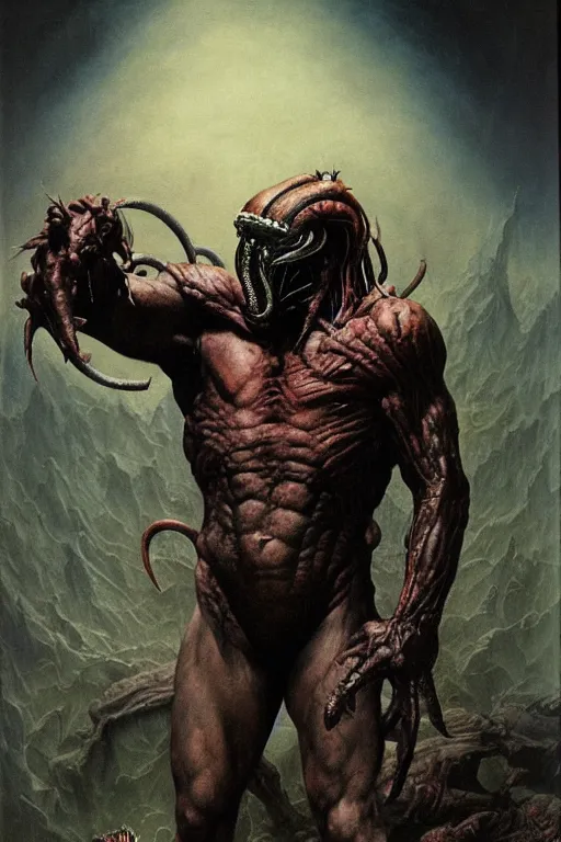 Prompt: the predator in the style of wayne barlowe, gustav moreau, goward, bussiere, roberto ferri, santiago caruso, luis ricardo falero, frazetta