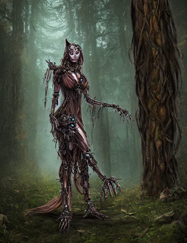 Prompt: draped werewolf priestess with delicate biomechanical components wandering in the woods. safe for work, complementary colors, professional photography, matte painting, 3 d render, 4 k, rimlight.