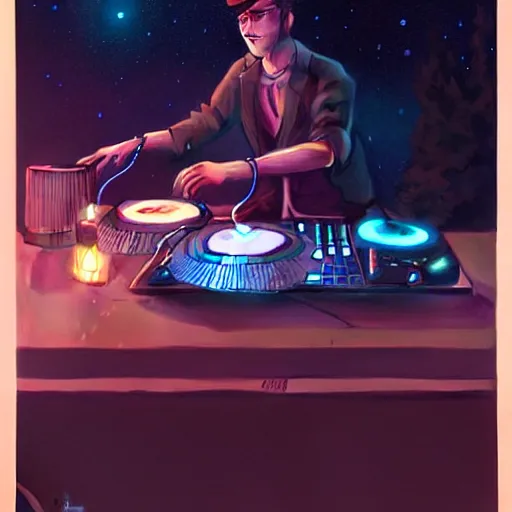 Image similar to A man djing at night under the stars, beautiful, digital art, artstation, hyperrealistic, 8k, unreal engine, octane render, trending on artstation, art by Artgerm and Greg Rutkowski and Alphonse Mucha and Beeple