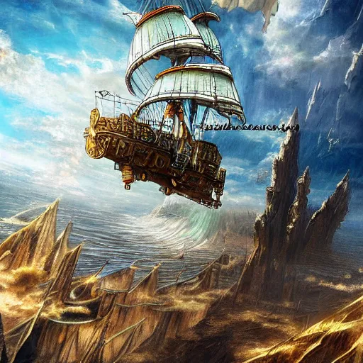 Prompt: steampunk sky-ship flying through clear blue skies, epic fantasy art style HD