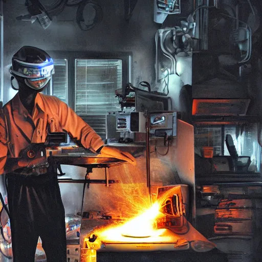 Image similar to cyborg toaster oven repairman, dark messy smoke - filled cluttered workshop, dark, dramatic lighting, orange tint, sparks, plasma rays, cinematic, highly detailed, sci - fi, futuristic, movie still