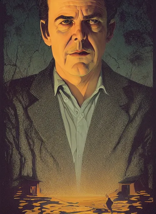 Prompt: poster artwork by Michael Whelan and Tomer Hanuka, Karol Bak of portrait of Terrence Malick, from scene from Twin Peaks, clean, simple illustration, nostalgic, domestic, full of details