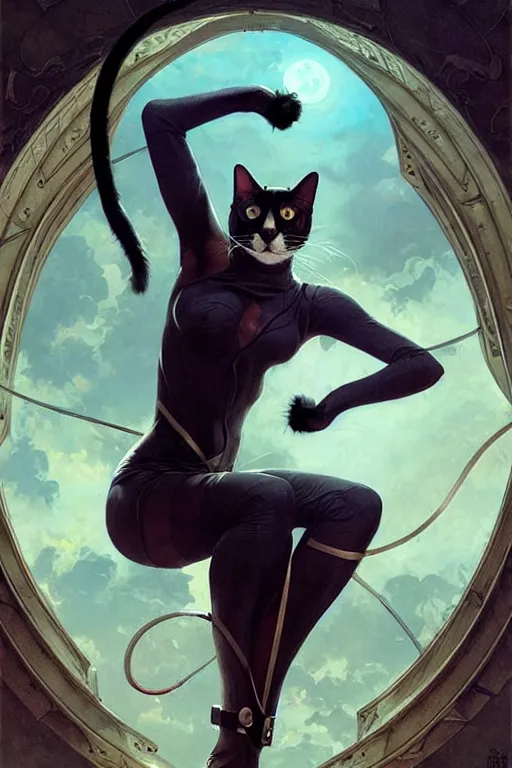 Image similar to aeon flux as a cat picture by Greg Rutkowski, dynamic pose, matte painting, intricate, fantasy concept art, elegant, by Stanley Artgerm Lau, WLOP, golden ratio, thomas kindkade, alphonse mucha, loish, Peter chung, norman Rockwell,