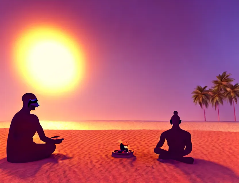 Prompt: gandhi at the beach sitting on the sand next to a campfire with palm trees in the back, 3 d render, official art, promotional art, beautiful intricately detailed, 8 k,