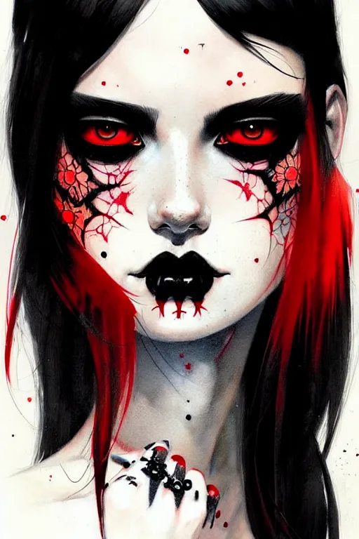 Image similar to a ultradetailed beautiful painting of a stylish goth girl, black eyes, red and black tattoos, by conrad roset, greg rutkowski and makoto shinkai, jon foster, trending on artstation