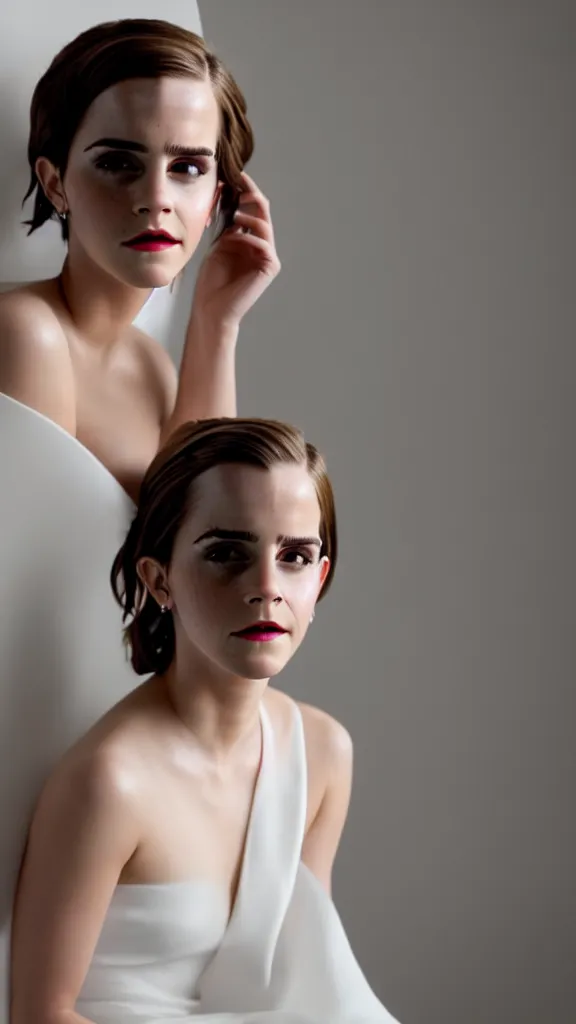 Image similar to detailed photo of emma watson cosplaying adam sandler wearing open toe high heels and wearing a white dress in a white room looking up, beautiful face, pale skin, rule of thirds, cinematic lighting, sharp focus, backlit, stunning, smooth, hard focus, full body shot, studio photo, shot on sony a 7 iii, hyper realistic, camera sony nicon