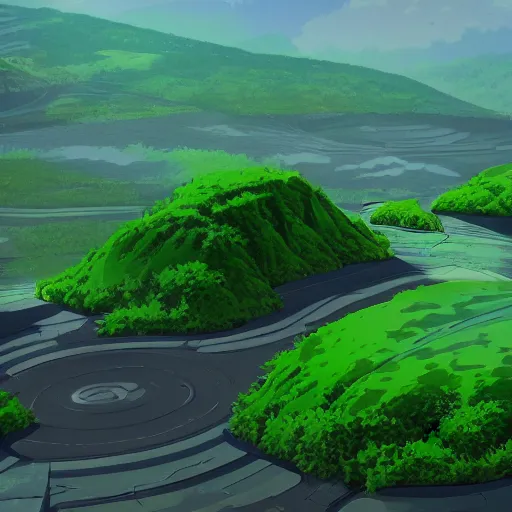 Image similar to green hills from an anime movie in the style of Surendra Rajawat on ArtStation, 4k,