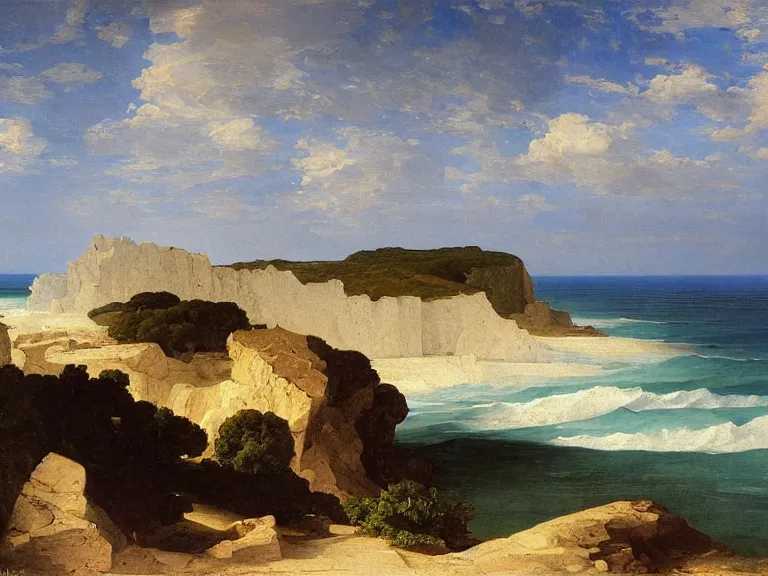 Prompt: an oil painting of a coastline with white cliffs and a calm ocean vista by moebius carl spitzweg and tuomas korpi. baroque elements, full-length view. baroque element. intricate artwork by caravaggio. Trending on artstation. 8k