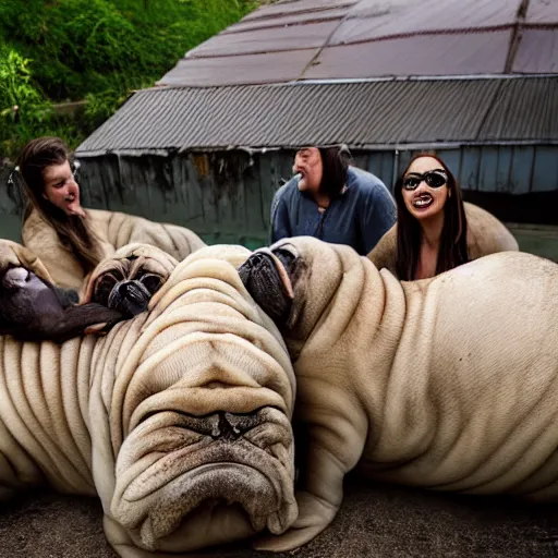 Image similar to a Walrus-Pug Hybrid, A Walrus that looks like a pug, huge tusks, afternoon hangout, good times photograph, candid