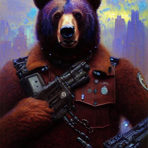 Prompt: portrait of a bear bearman in a police uniform. shadowrun furaffiniy cyberpunk fantasy highly detailed painting by gaston bussiere craig mullins jc leyendecker gustav klimt artgerm greg rutkowski john berkey, bergey, craig mullins, ruan jia, raymond swanland, jeremy mann, tom lovell, alex malveda