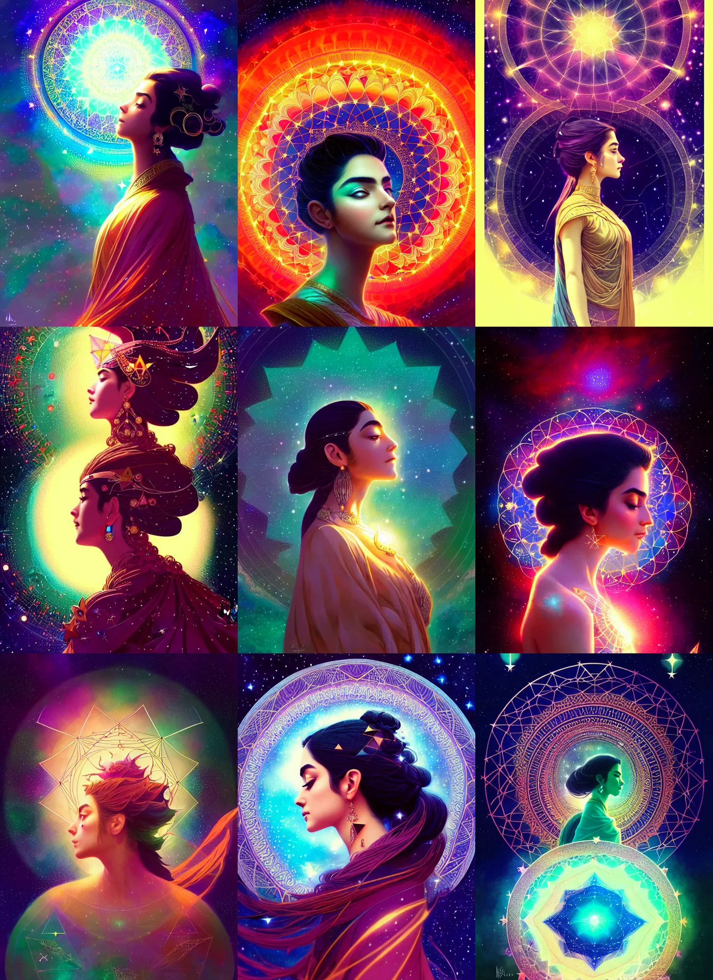 Prompt: side profile, maya ali mage, constellation geometry mandala background, breathtaking stars, elegant, highly detailed, concept art, smooth, sharp focus, spiritual art, luminescent, by huang guangjian, sachin teng, greg rutkowski, jesper ejsing, ilya kuvshinov, artgerm, mucha, psychedelic