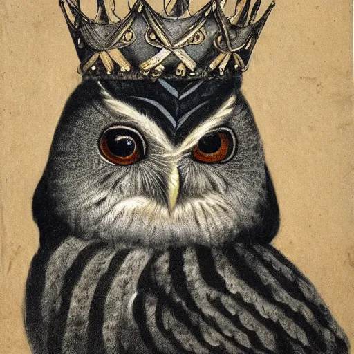 Prompt: a renaissance style portrait of an Eurasian scops owl (Otus scops) wearing a crown and a cape, dark background