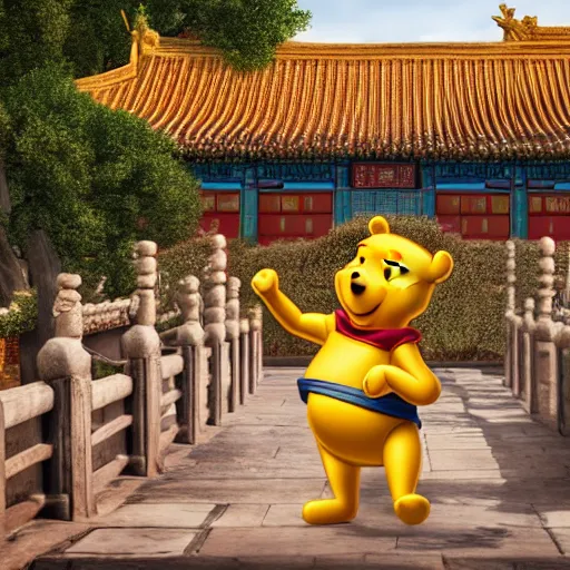 Prompt: winnie the pooh explores the forbidden city in china, award winning photography, extremely detailed artstation 8 k sensual lighting epic composition, weta pixar disney