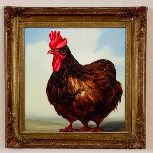 Image similar to oil painting of a chicken wearing a maid dress