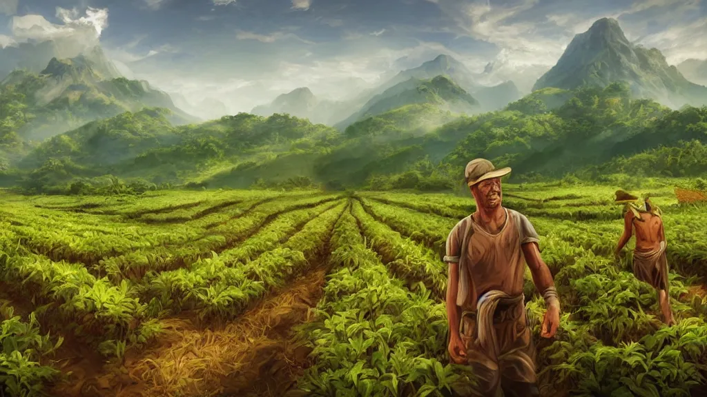 Prompt: nuscular farmer, rows of lush crops, mountains in the background, detailed digital 2d fantasy art