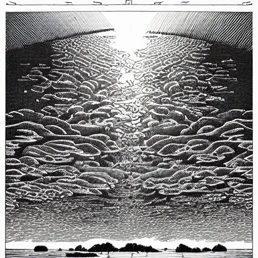 Prompt: by apollonia saintclair, by carsten meyerdierks depressing, tranquil mayan. a illustration of a group of flying islands, each with its own unique landscape, floating in the night sky. the islands are connected by a network of bridges. a small group of people can be seen walking along one of the bridges.