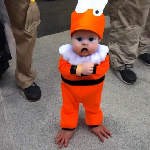 Image similar to photo of a cute baby chick dressed as an inmate