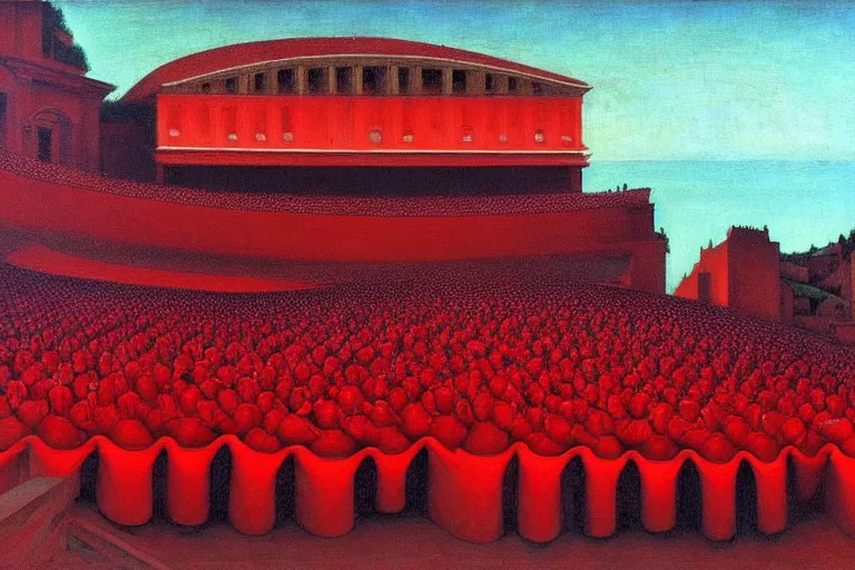 Image similar to only with red, a red great emperor, taormina amphitheatre, expressive crowd with big smile, in the style of beksinski, parts by edward hopper, parts by rodcenko, parts by yue minjun, intricate and epic composition, red by caravaggio, insanely quality, highly detailed, masterpiece, red light, artstation, 4 k