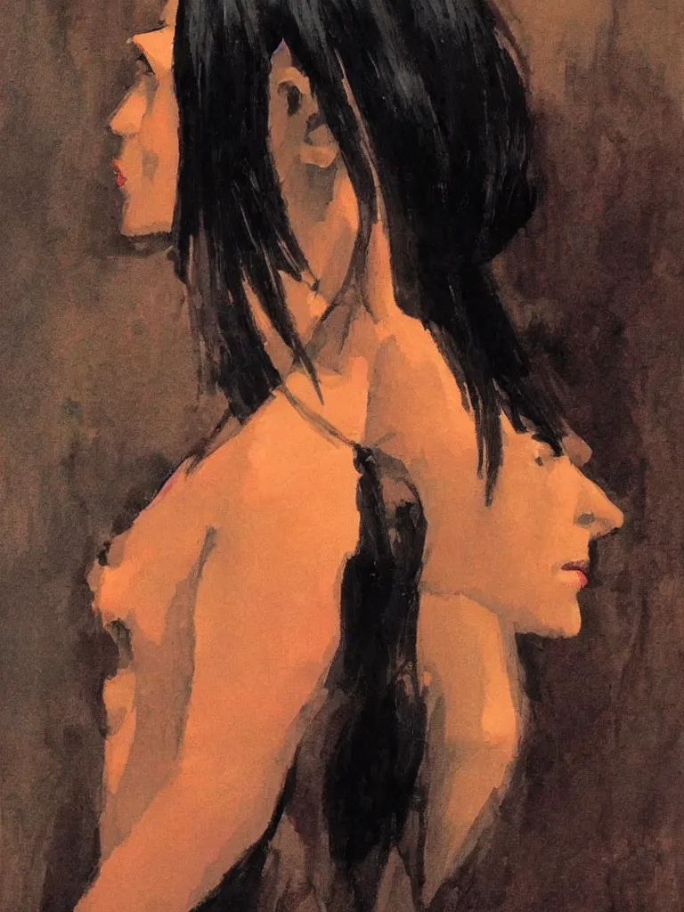 Image similar to portrait profile of one mysterious dark beautiful women in 1 9 7 8, oil painting by john watkiss