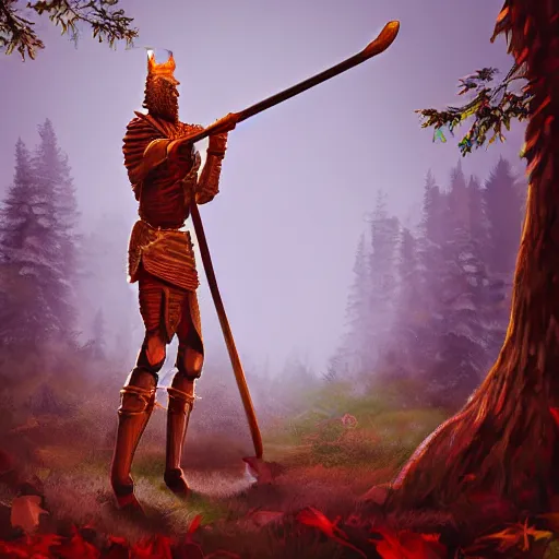 Prompt: a woodland knight made of wood holding a giant club, in a dark forest, digital art, high quality render, artstation, 8 k, photograph quality, ultrahd, in the style of dungeons and dragons