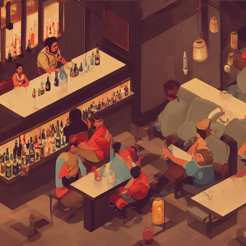 Image similar to virat kholi sitting in a bar, with a huge belly, drinking heavily, isometric, wide view, cinematic view, ultrarealistic, 8 k, unreal engine, by atey ghailan, artstation