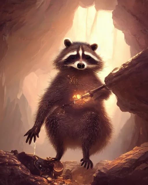 Image similar to oil painting of poor anthropomorphized raccoon mining gold, close shot, full body, dark steampunk mine shaft background, sharp focus, fantasy style, octane render, volumetric lighting, 8k high definition, by greg rutkowski, highly detailed, trending on art Station, dungeons and dragons artwork, centered