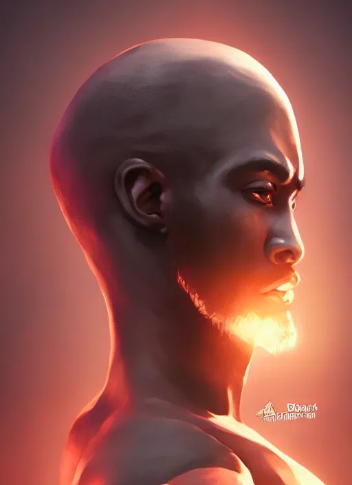 Image similar to An epic fantasy comic book style portrait painting of a young dark skinned thief with big shoulders and bald hair, unreal 5, DAZ, hyperrealistic, octane render, cosplay, RPG portrait, dynamic lighting