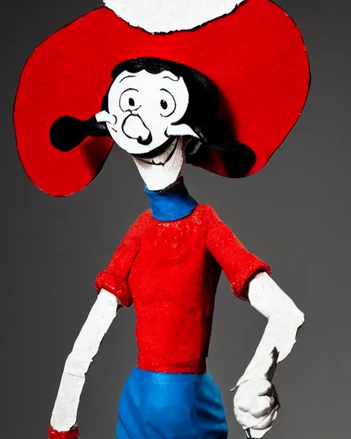 Image similar to an papier - mache olive oyl by tim burton, realistic, very detailed, complex, intricate, studio lighting, bokeh, sigma 5 0 mm f 1. 4